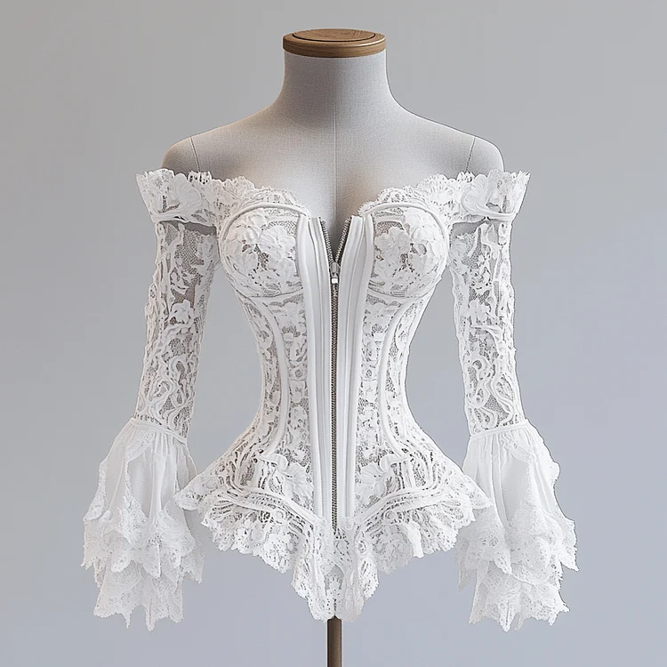 Ursime Lace Off Shoulder Flare Sleeve Irregular Hem Zipper Blouse