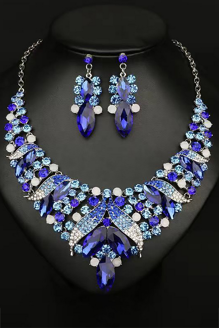 Luxury Faux Crystal Necklace Drop Shaped Dangle Earrings Jewelry Set-Blue