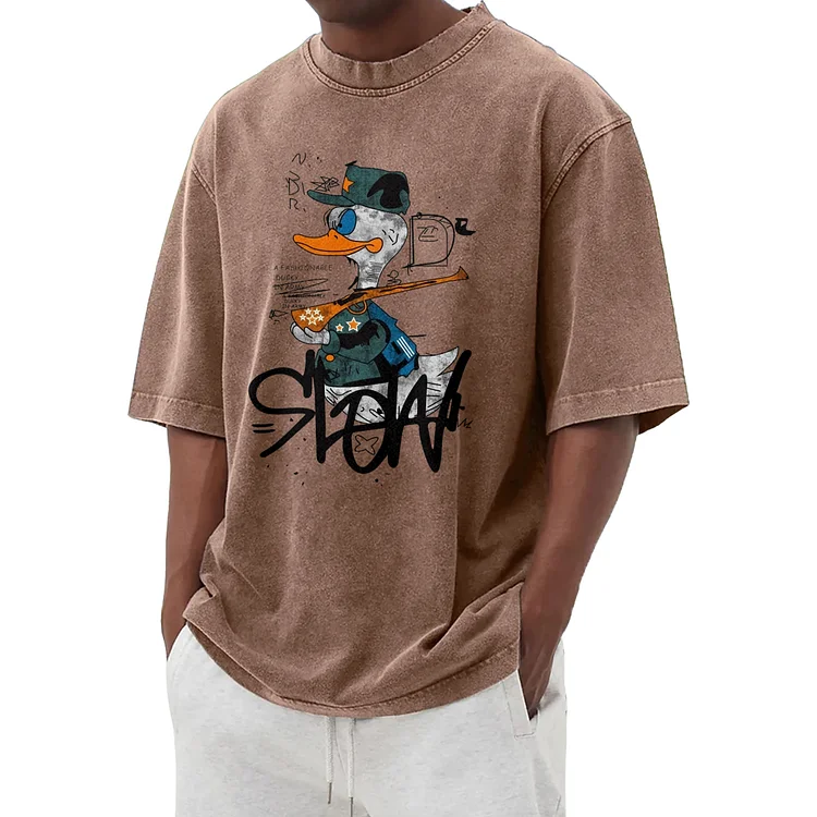 Fun duck pattern washed T-shirt 016