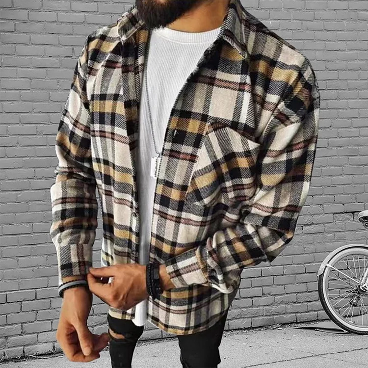 BrosWear Men's Color Block Casual Check Printed Jacket