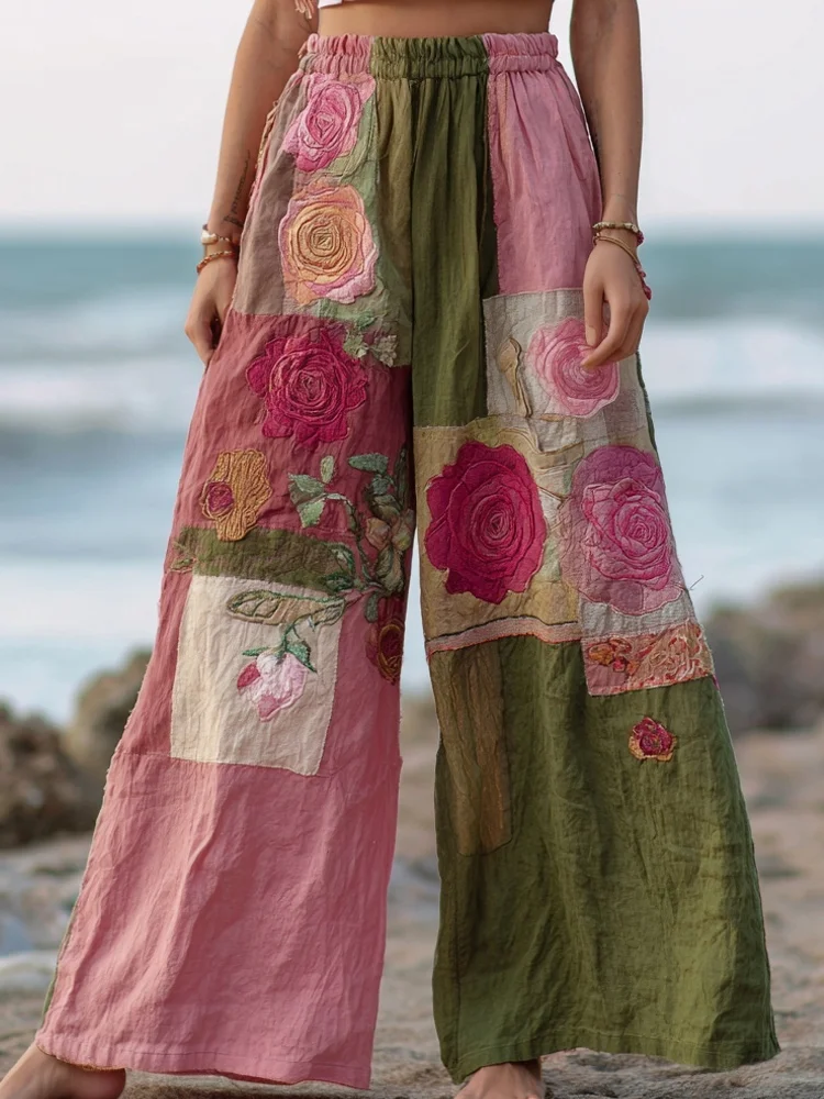 Utbros Vintage Rink Roses Embroidered Colorblock Linen Pants