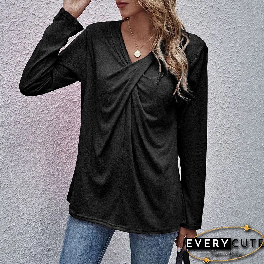 Autumn Spring Tops Women Casual Long Sleeve Cross Neck T-Shirts Fashion Female Stitching Tees Loose Pullover Solid Tops