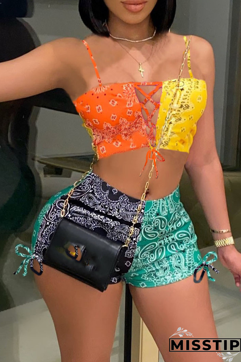 Orange Fashion Print Patchwork Spaghetti Strap Sleeveless Two Pieces