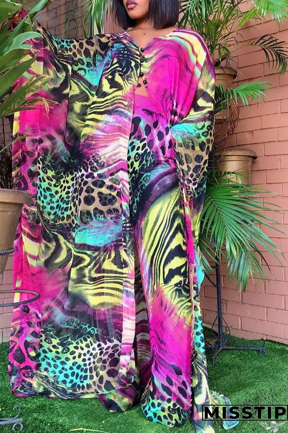 Blue Fashion Casual Print Slit V Neck Long Sleeve Two Pieces