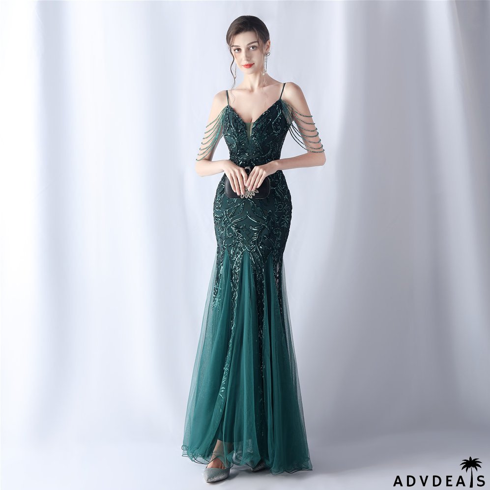 Women beaded mesh evening dress