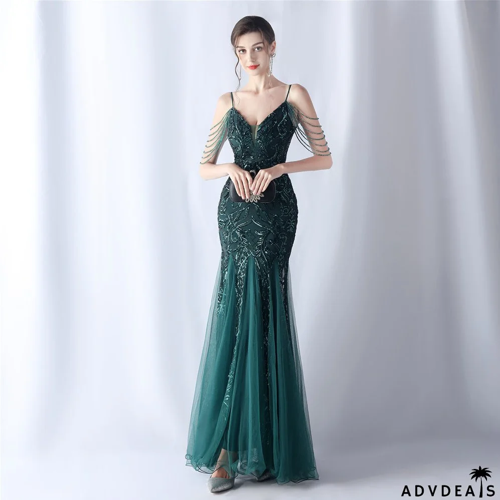 Women beaded mesh evening dress