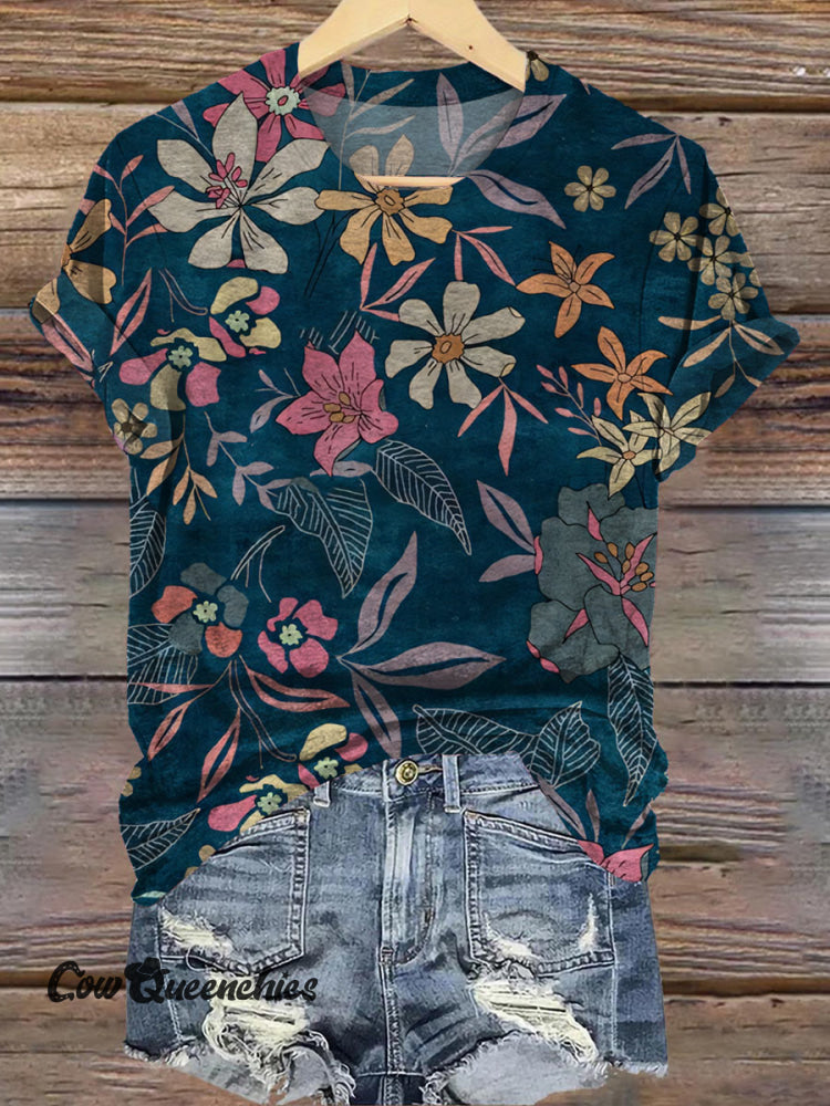 Retro Floral Art Print Comfortable T-Shirt Blue / S