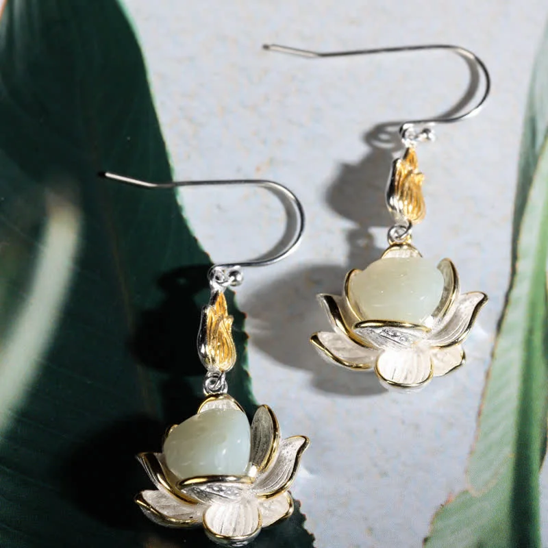 White Jade Lotus Harmony Protection Drop Earrings