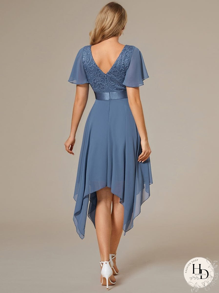 V-Neck Asymmetrical Dress with Short Sleeves