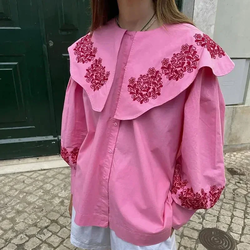 Huiketi Print Doll Collar Shirts Women Casual Loose Single-breasted Long Lantern Sleeve Blouses 2024 Spring Summer Lady Pink Top