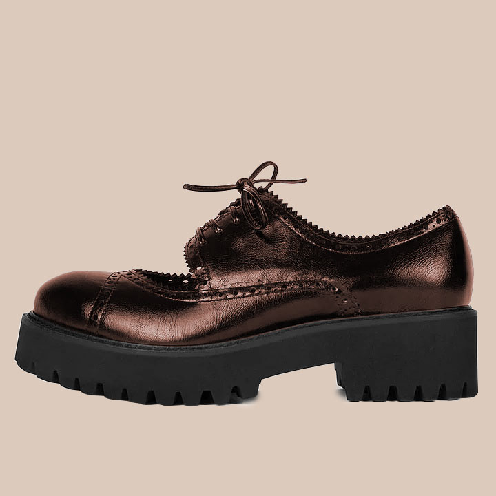 Brown Metallic Round Toe Cut-Out Lace Up Vintage Platform Oxfords Nicepairs