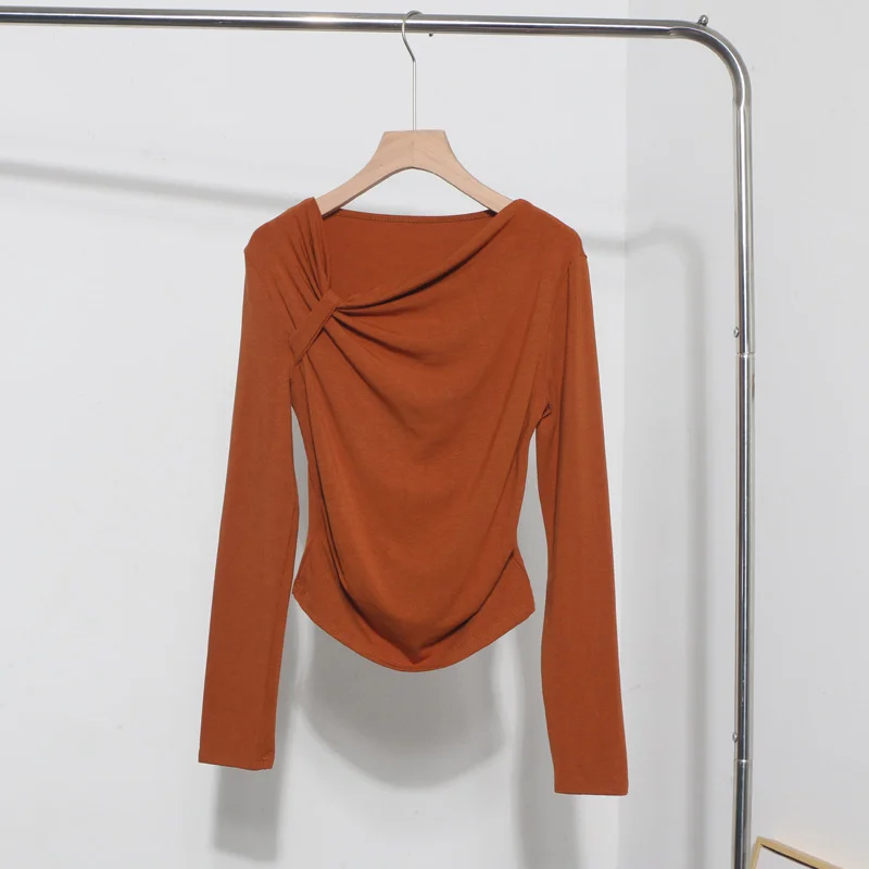 Uveng Side Bow Tie Design Folded Long-Sleeved T-Shirt Slim Thin Autumn Dress T-Shirt Short Top 1662