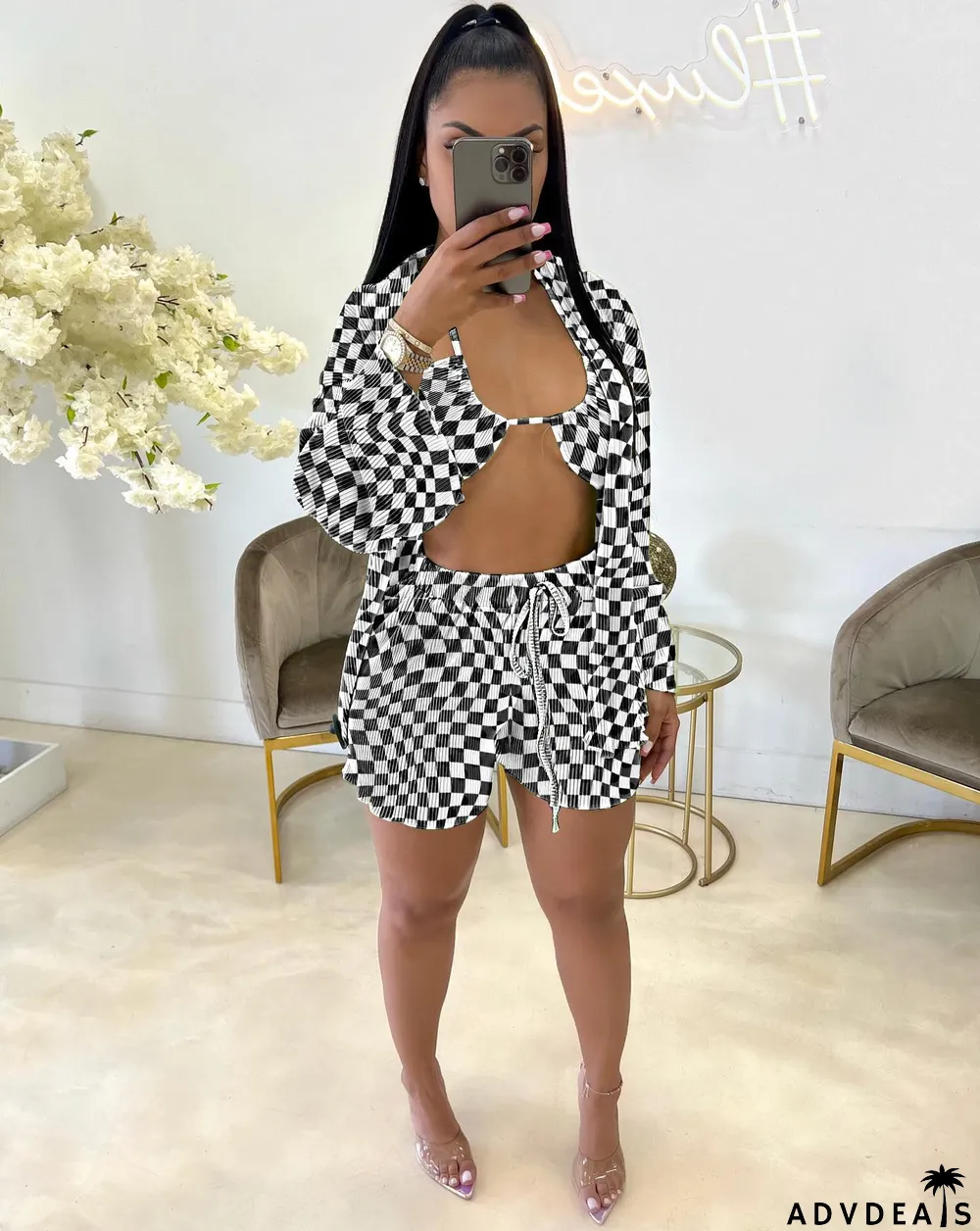 Sexy Print Cross Halter Bra+Cardigan+Short Three Piece Sets
