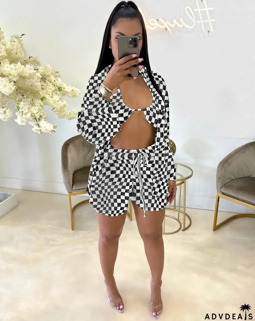 Sexy Print Cross Halter Bra+Cardigan+Short Three Piece Sets