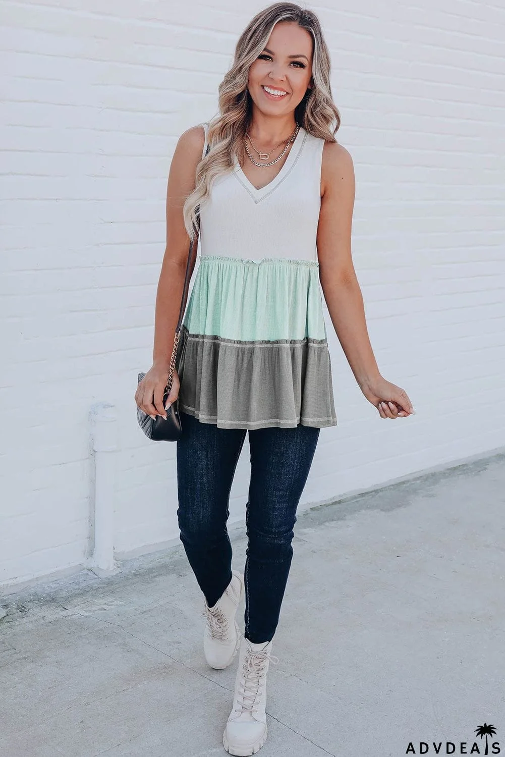 Ruffled V Neck Color Block Tank Top