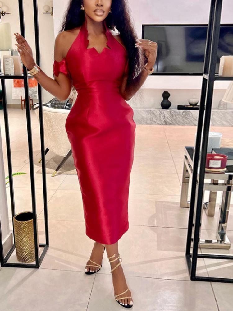 Neosepa-Asymmetrical Halter Neck Sleeveless Plain Red Hue Skinny Sheat Dress