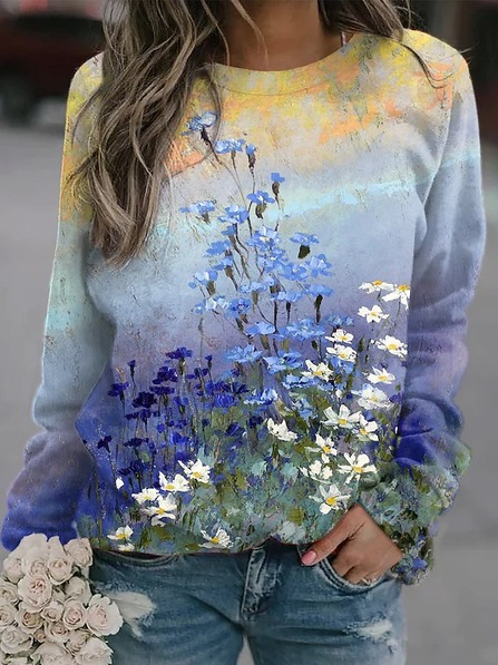 Round Neck Casual Floral Loosen Sweatshirt