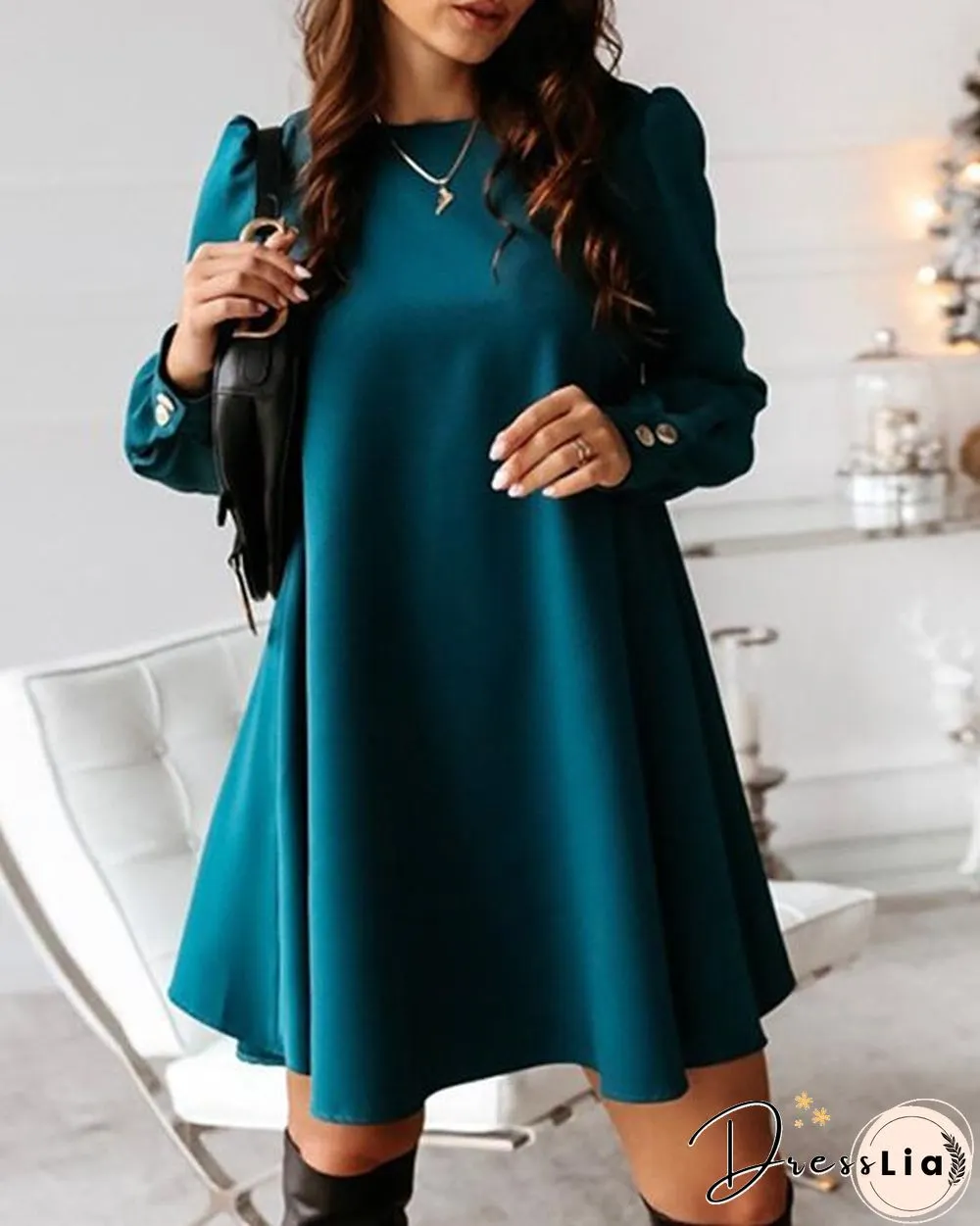 Elegant Women Metal Buttoned Mini Dress Casual Spring O Neck Party Dress