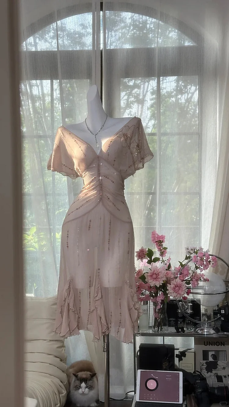 Pink Sparkling Short Homecoming Dress Chiffon Ball Gown Evening Dress Party Dress
