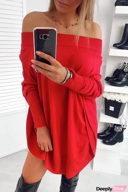 Off Shoulder Bat Slit Loose Mini Dress