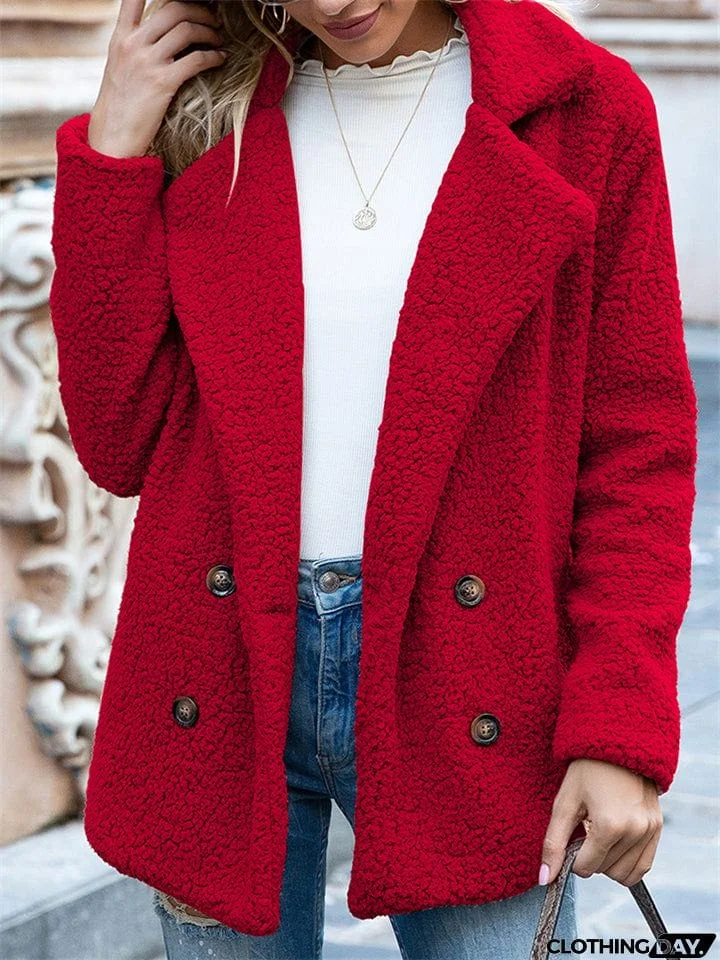 Casual Trendy Lapel Buttons Solid Color Coat For Women