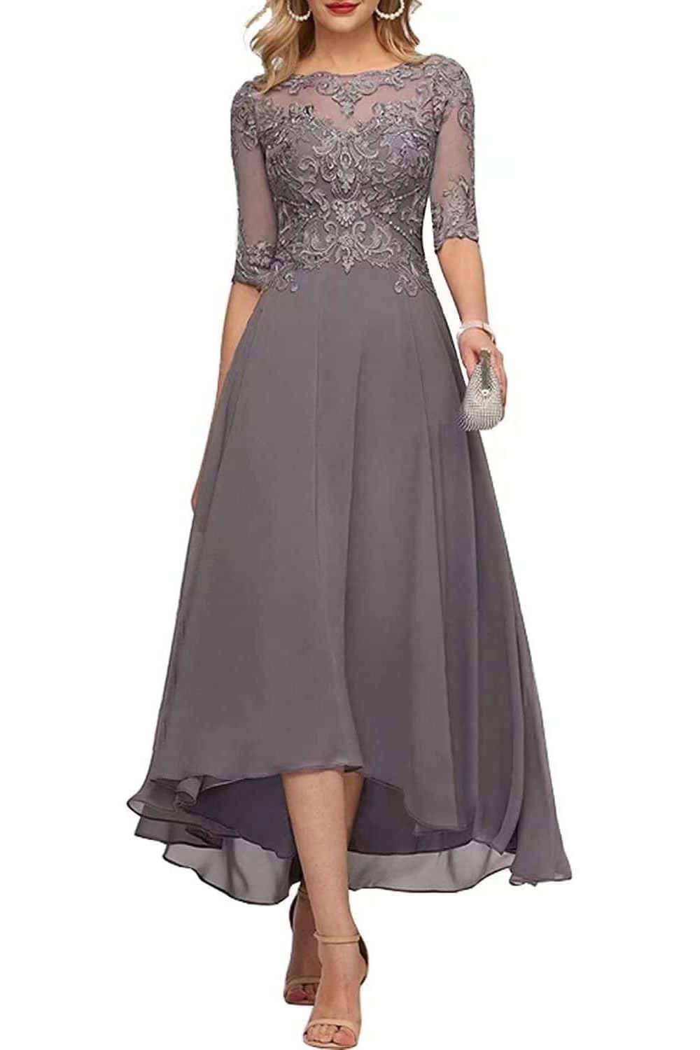Plus Size Wedding Guest Gray Chiffon Lace Half Sleeve Asymmetrical Hem Maxi Dress 2024 - Flycurvy 