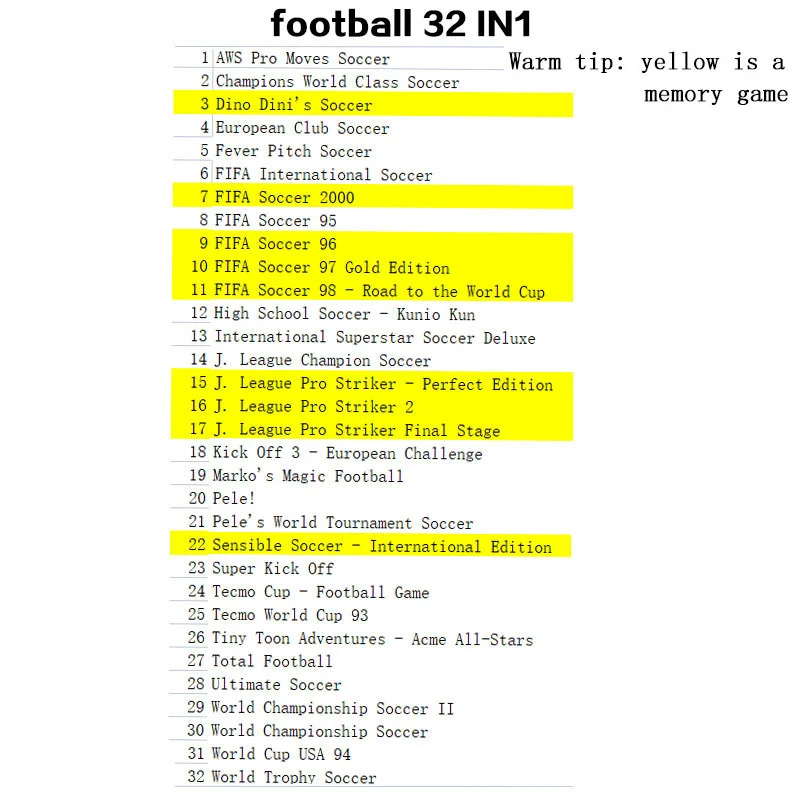 16 Bit Game Cartridge - 32 IN 1 FOOTBALL Classic Collection Genesis/MEGA DRIVE Remix Mulit Cart - Region Free
