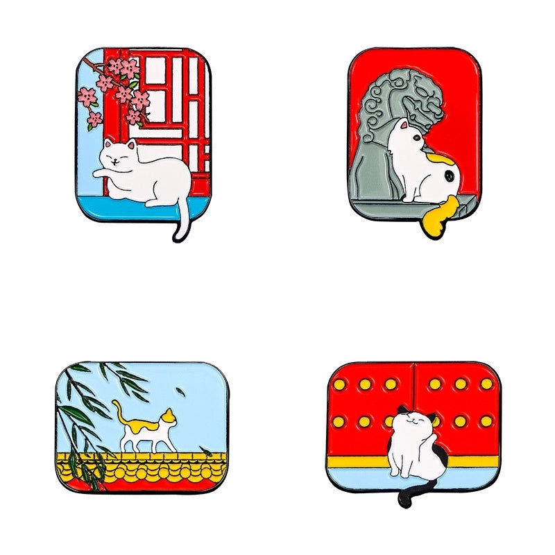 Cartoon Style Oil Painting Cat Landscape Alloy Stoving Varnish Plating Kid’S Unisex Brooches Collar Pin