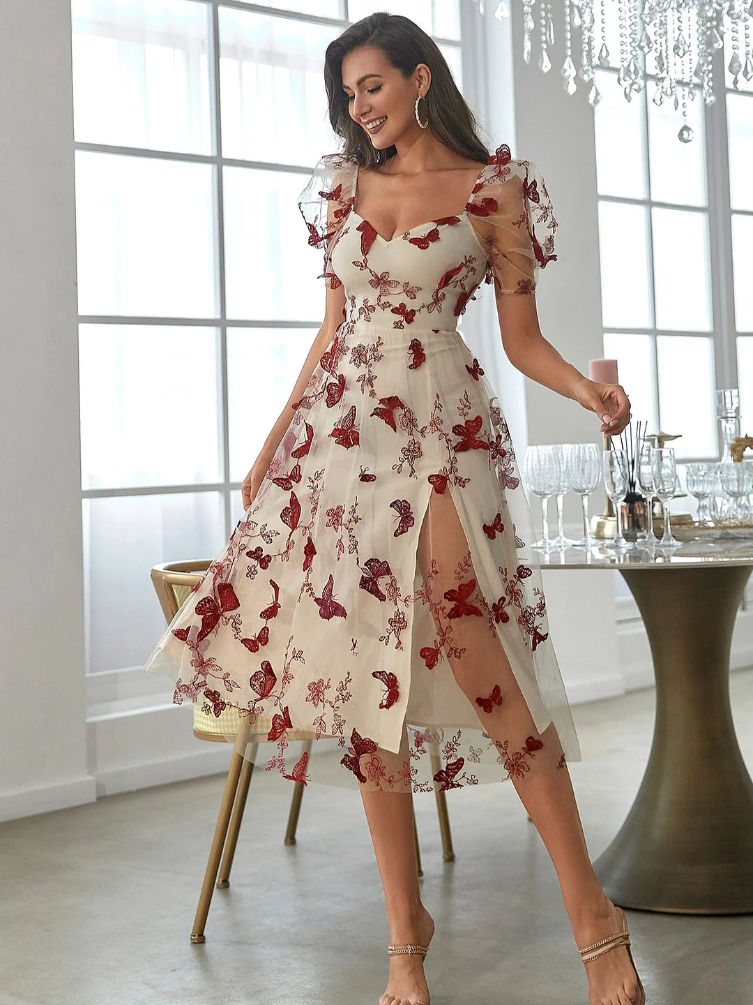 Double Crazy  Butterfly Appliques Sweetheart Neck Puff Sleeve Mesh Dress