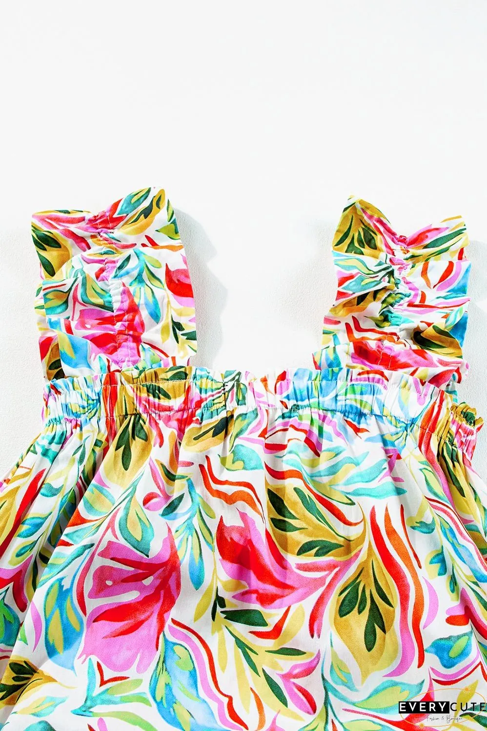 White Floral Print Ruffled Sleeveless Midi Dress