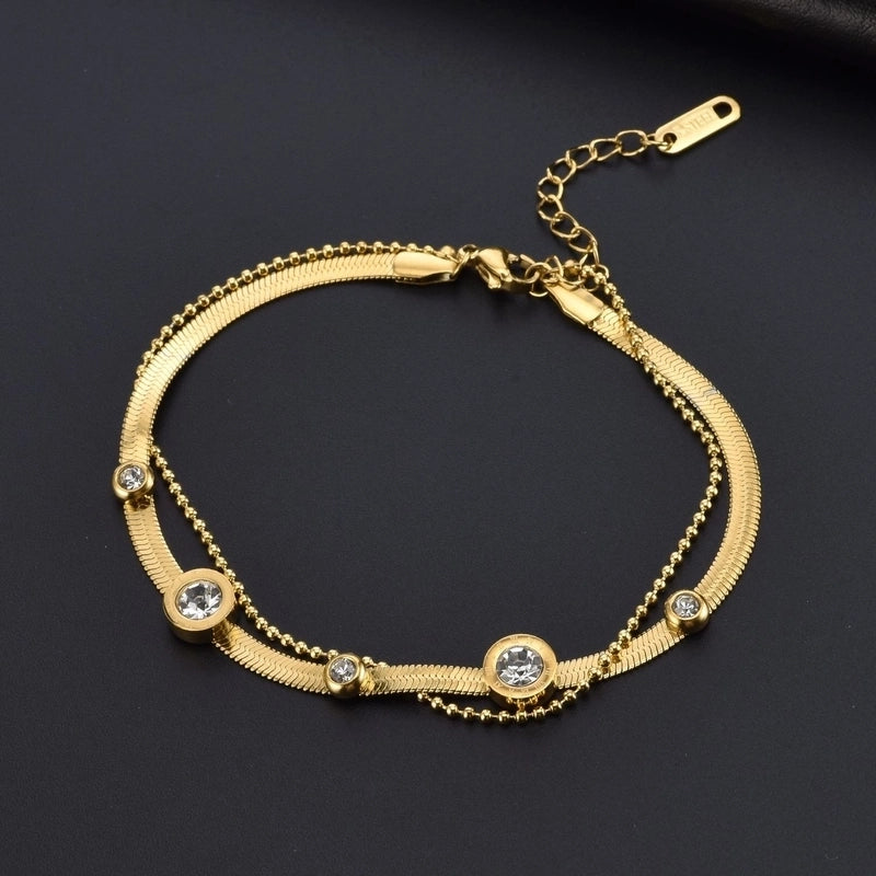 Classic Style Round Titanium Steel 18K Gold Plated Zircon Bracelets In Bulk