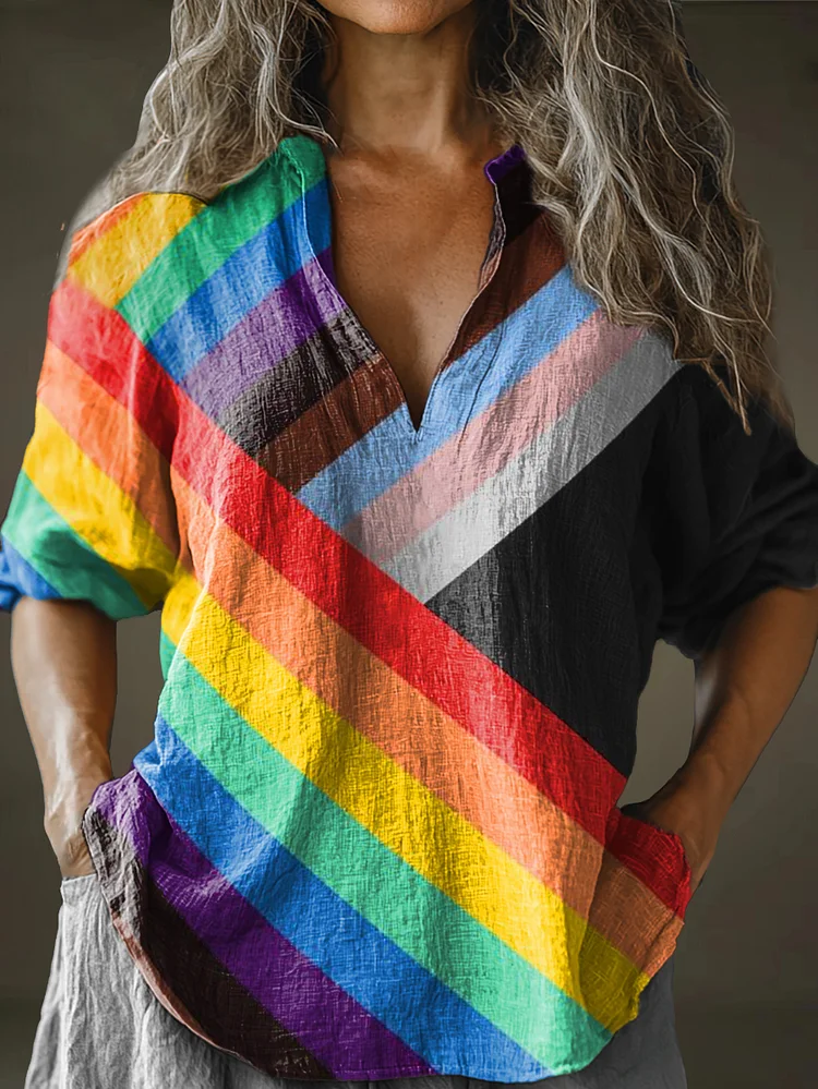 Women's Rainbow Strip Art Pattern Print Long Sleeve Comfortable Cotton And Linen Shirt