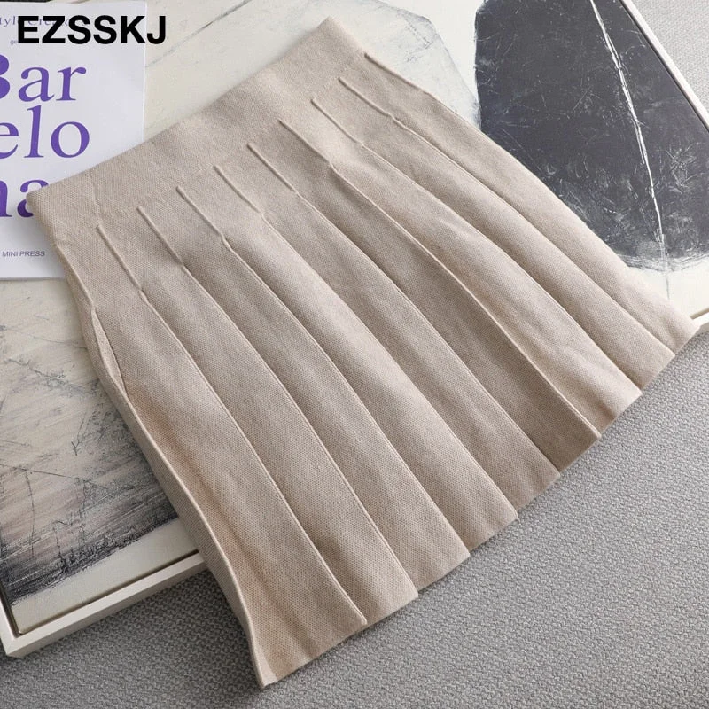 Ezsskj Autumn winter a-line thick short SWEATER Skirt Women  good quality cute pleated mini skirt female elegant  knit skirt