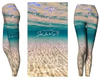 pornhint Pornhint Womens ocean leggings / teal and white summer beach yoga pants