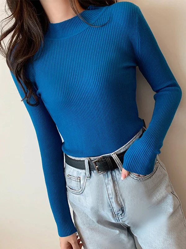 Casual Skinny Long Sleeves Solid Color High-Neck Sweater Tops