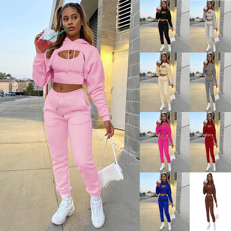 Womens Fashion Fleece Drawstring Solid Hoodies Long sleeve Pant Tank Top Three Piece