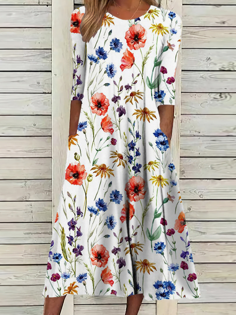 Women Half Sleeve V-neck Solid Color Dress