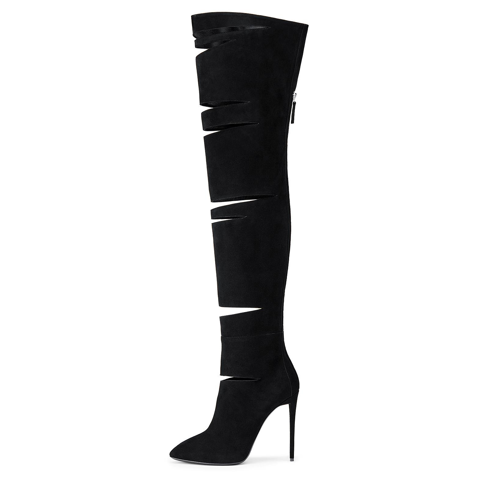 GOOSHOE Black Hollow Out Suede Stiletto Long Boots