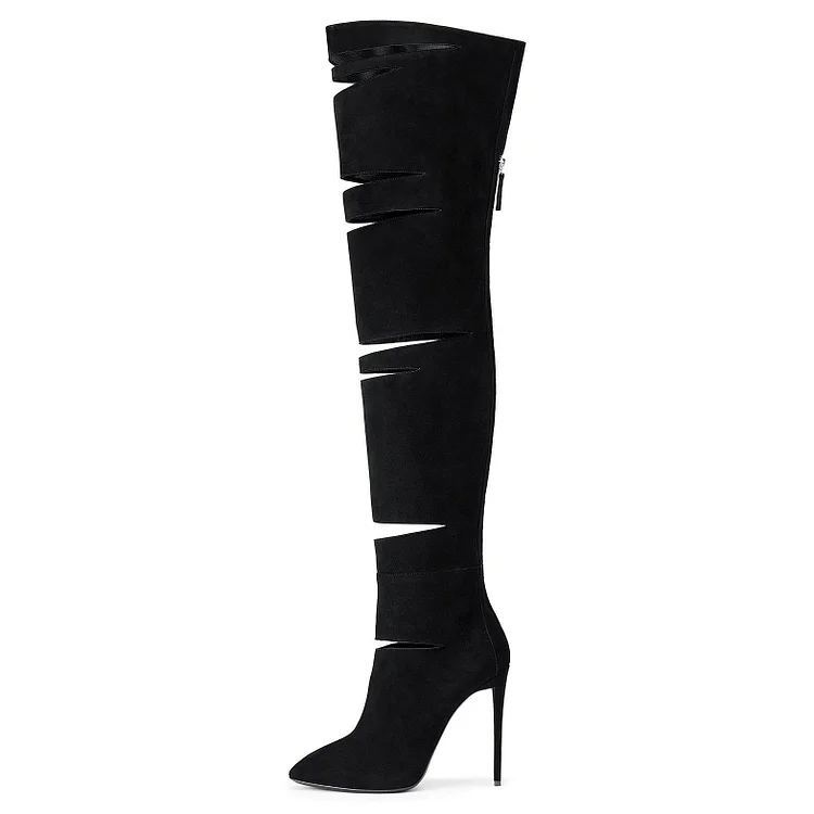 Black Hollow Out Suede Stiletto Long Boots Vdcoo