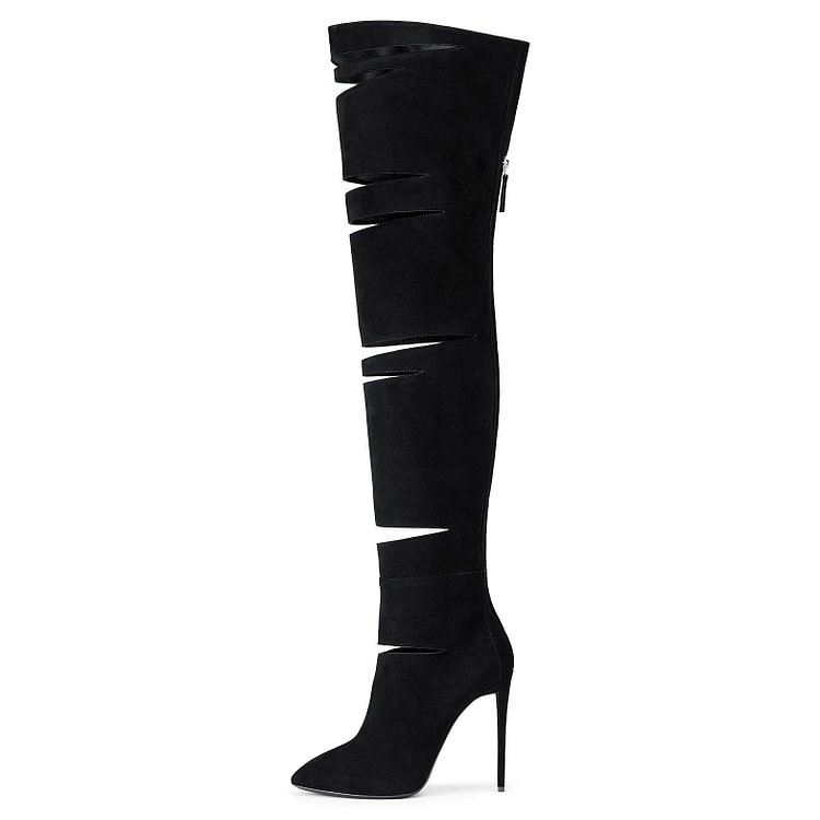 Fashion Black Hollow Out Stiletto Boots Suede Pointy Toe Long Boots |FSJ Shoes