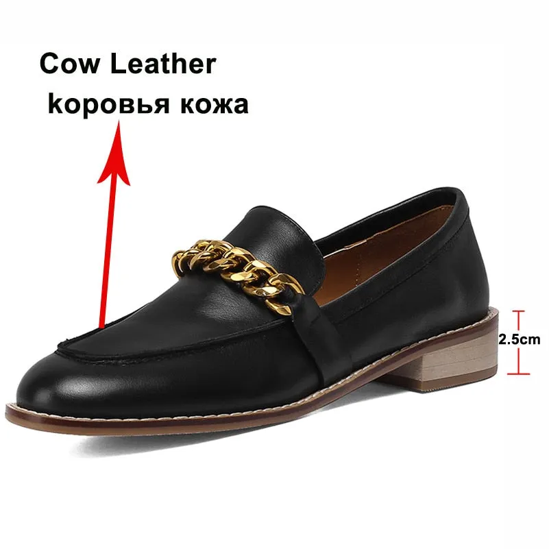 Meotina Genuine Leather Loafers Shoes Women Low Heels Chain Chunky Heel Pumps Round Toe Slip On Female Footwear Spring Apricot
