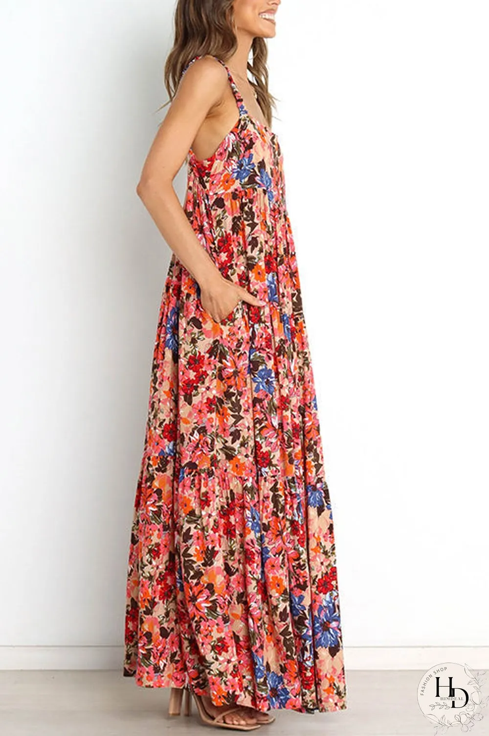 Flroal Pockets Slip Maxi Dress