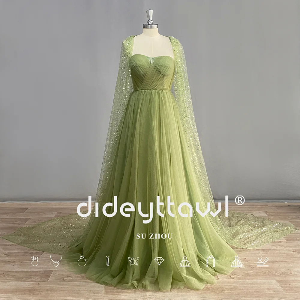 Sage Green Detachable Sequin Cape Tulle Prom Dress For Women Strapless Sweetheart A Line Evening Party Gown