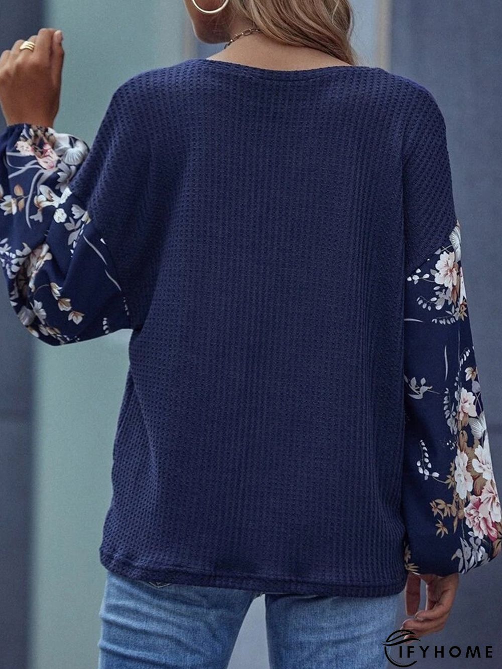 Floral Stitching Long Sleeve Waffle Crew Neck Casual Tunic Top | IFYHOME
