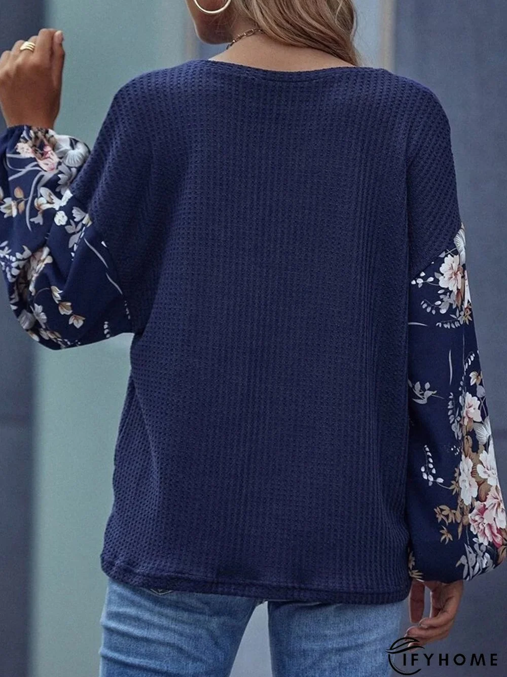 Floral Stitching Long Sleeve Waffle Crew Neck Casual Tunic Top | IFYHOME