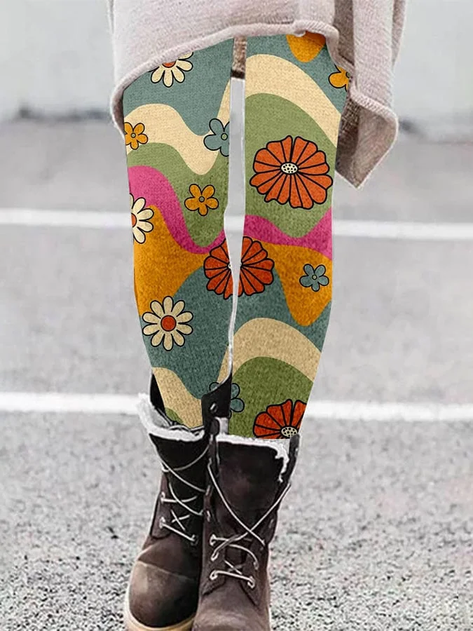 Intage Floral Print Tight High Elastic Leggings
