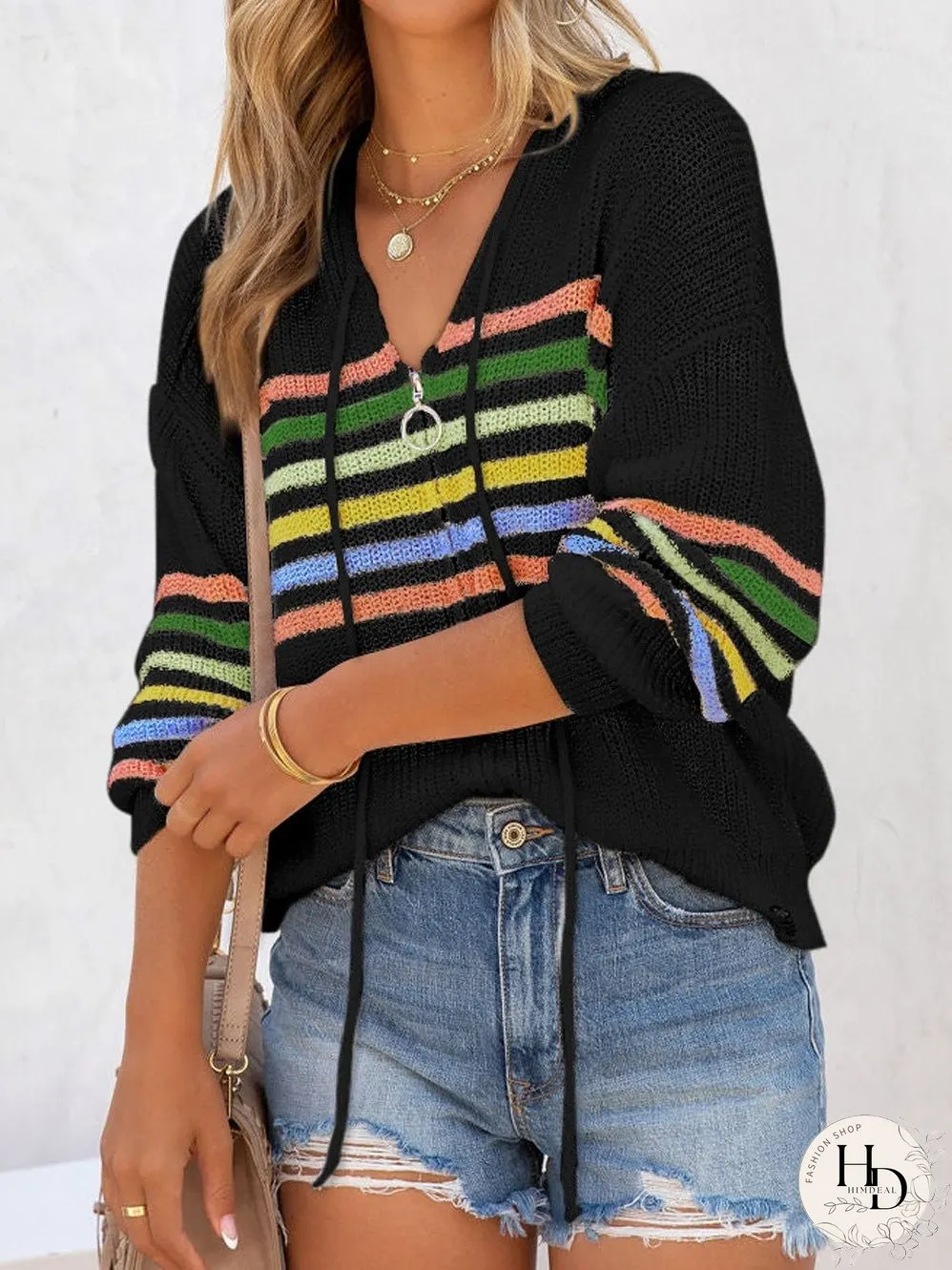 Rainbow Striped Hooded Sweater Cardigan