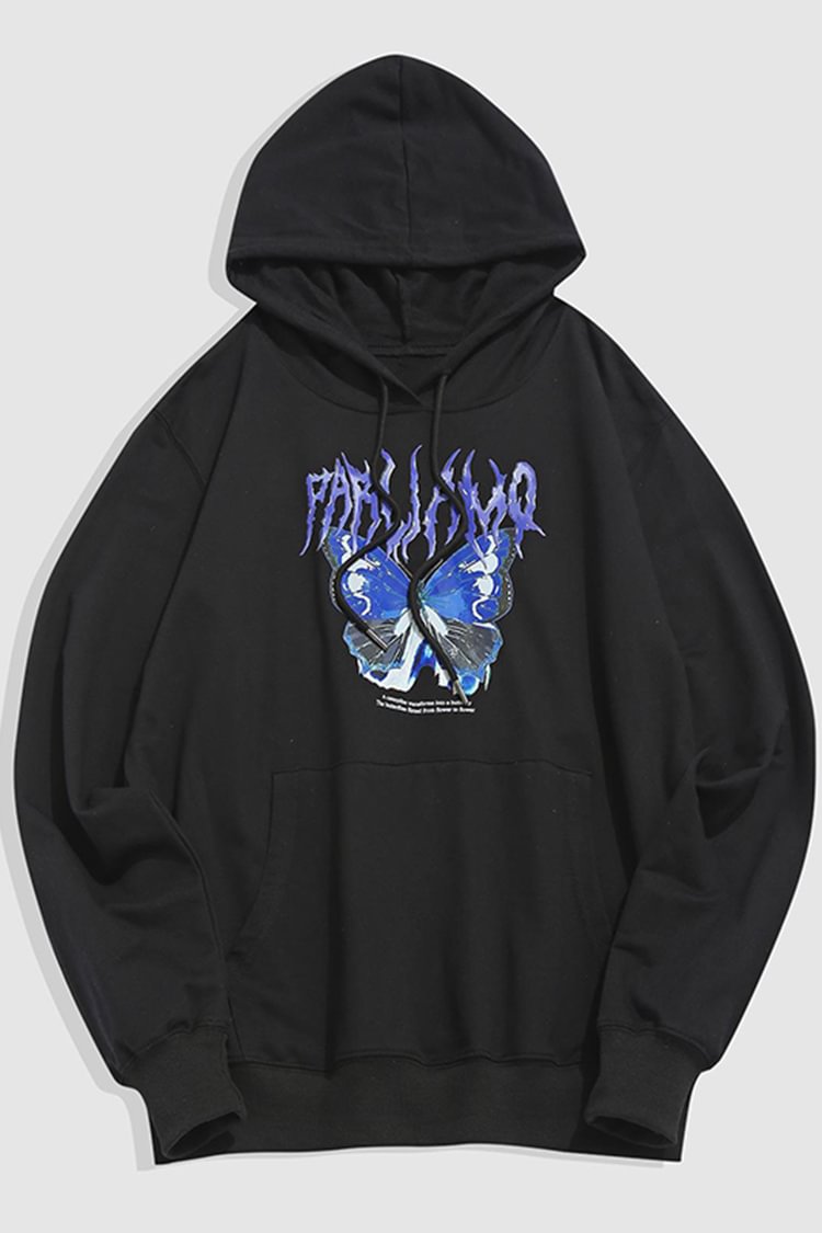 Tiboyz Letters Butterfly Print Front Pocket Streetwear Graphic Hoodie