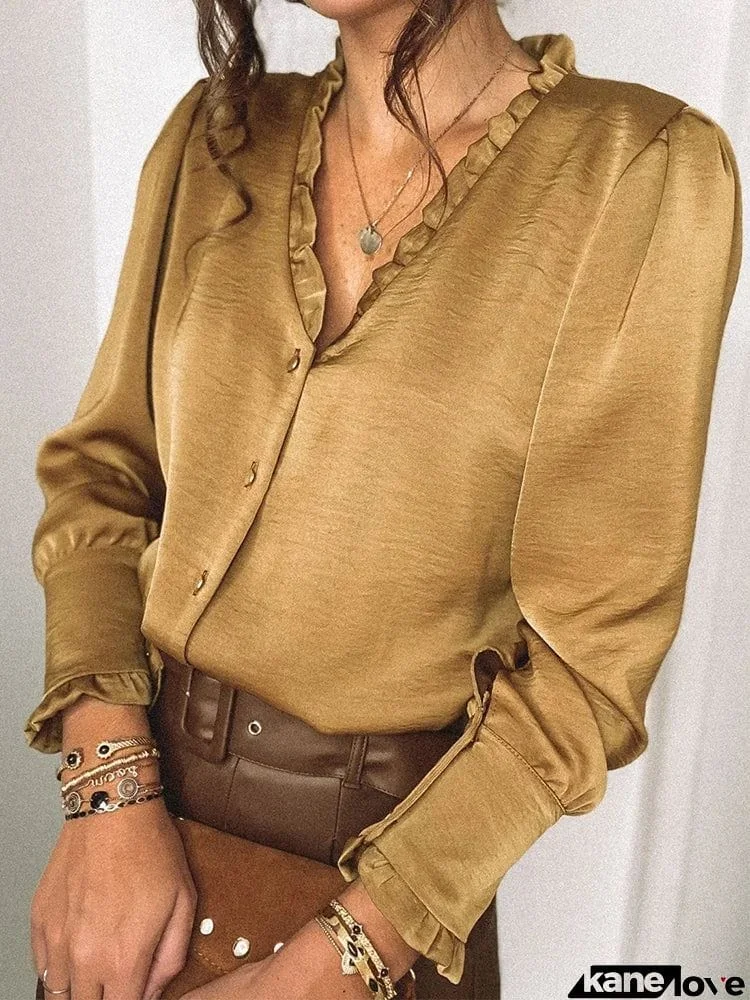 Simple Long Sleeves Buttoned Lace-Up V-Neck Blouses&Shirts Tops