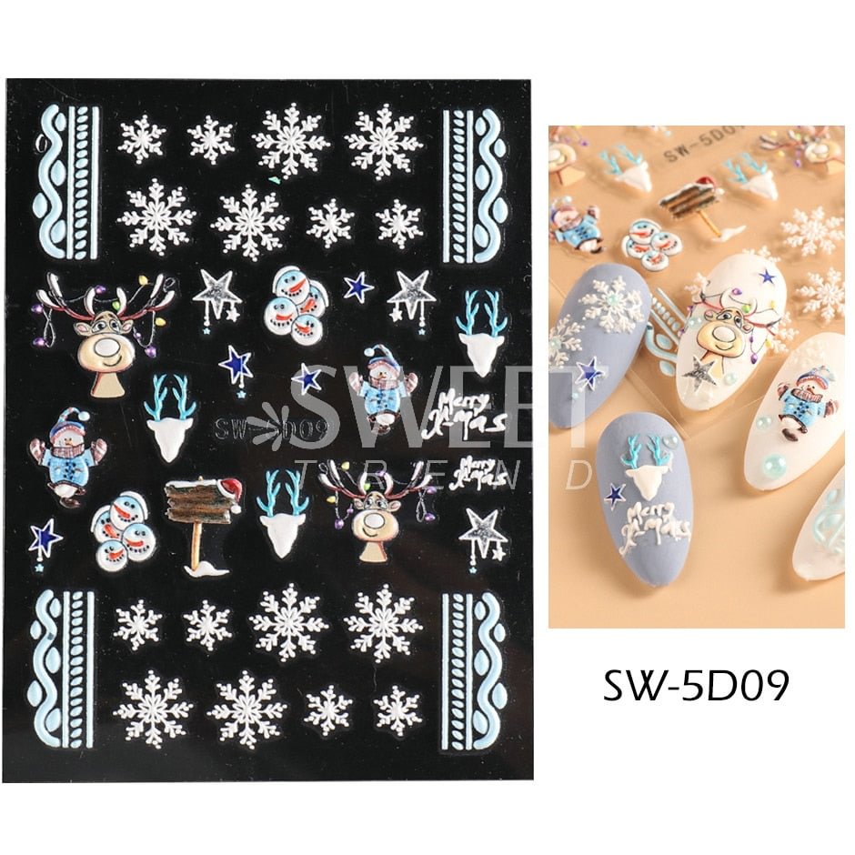 5D Cute Cartoon Christmas Stickers For Manicure Engraved Elk Bear Snowflakes Adhesive Sliders Nail Embossed Decal Decor LYSW5D09